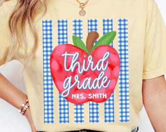 Personalized Third Grade Teacher Shirt, Custom 3rd Grade Teacher Shirt, Gingham First Day of School, Grade Level Elementary, Comfort Colors