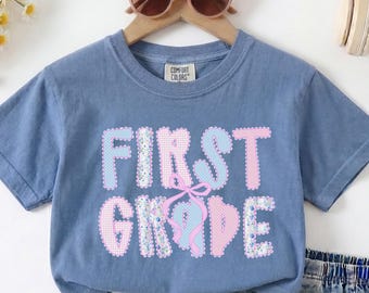 Maglietta per bambine di prima elementare, maglietta per il ritorno a scuola per ragazzi di prima elementare, primo giorno di scuola, maglietta con fiocco e cotoletta per la prima elementare, magliette alla moda con pizzo per ragazze
