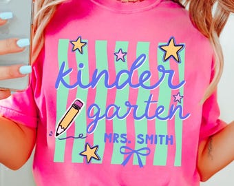 Comfort Colors® Kindergarten Teacher Shirt, Retro Stripes Kindergarten Tshirt, Kinder Crew, Kinder Garten Teacher Back to School Shirts