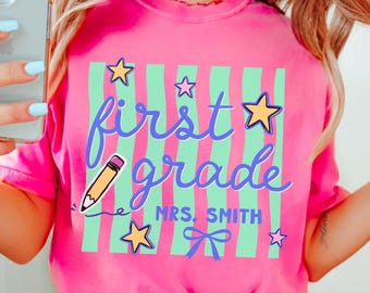 Custom First Grade Teacher Shirt, Comfort Colors 1st Grade Teacher T-Shirt, First Grade Team Shirts, Personalized Teacher Name TShirt Stripe