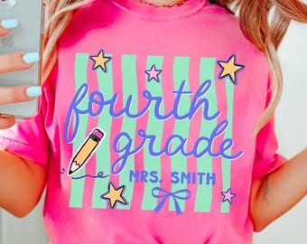 Stripes Fourth Grade Shirt, Custom 4th Grade Tee, First Day of School, Bright Fun Striped 4th Grade Teacher T-Shirt, Personalized Team Tees