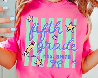 Comfort Colors Custom Fifth Grade Teacher Shirt, Personalized 5th Grade Tee, Retro Wavy Stripes Team Shirts, Back to School Tee, Elementary