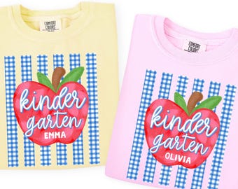Custom Kindergarten Shirt, Checkered Apple Girls Back to School Shirt, Youth Kindergartener Tee, Personalized Kid Name, First Day of School