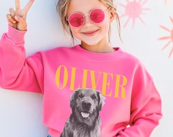 Gepersonaliseerd T-shirt voor kinderen met huisdierportret (hond of kat), vintage T-shirt met gepersonaliseerde afbeelding van een hond of kat, cadeau met huisdierportret