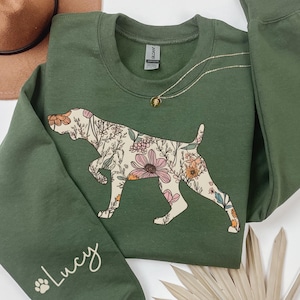 Felpa personalizzata con stampa di un Pointer tedesco a pelo corto, nome del cane personalizzato, girocollo con stampa di fiori selvatici, regalo per la festa della mamma, regali di Natale.
