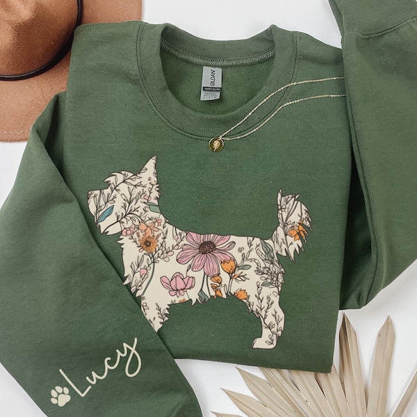 Custom Yorkie-sweater, gepersonaliseerde hondennaam, wilde bloemen Yorkshire Terrie ronde hals, cadeau voor hondenmoeder, cadeaus huisdierliefhebber