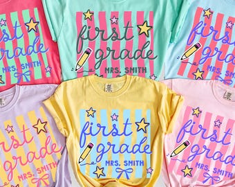 Comfort Colors® First Grade Teacher Shirt, Custom 1st Grade Matching Group T-Shirt Retro Wavy Stripes Educator Back to School Team Tee