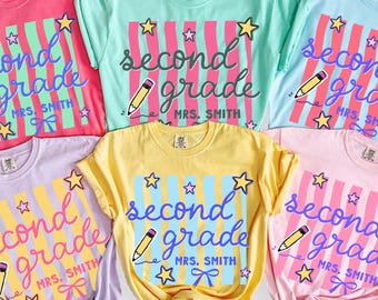 Personalized Second Grade Teacher Shirt, Comfort Colors® Custom 2nd Grade Teacher Shirt, First Day of School Tee, Retro Way Stripes Teach