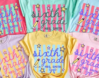 Custom Sixth Grade Teacher Shirt, Comfort Colors 6th Grade TShirt, Personalized Sixth Grade Team Shirts, Retro Wavy Stripes Elementary Tee