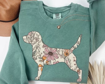 Comfort Colors® Sudadera Beagle, Cuello redondo Beagle de flores silvestres, Regalo para mamá Beagle, Camisa de mamá Beagle, Camiseta Cottagecore Beagle, De moda