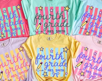 Fourth Grade Teacher Comfort Colors Shirt, Personalized 4th Grade Teacher Retro Wavy Stripes Tee, Custom Fourth Grade Teacher Gifts