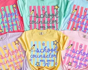 Custom School Counselor Shirt, Comfort Colors Personalized School Therapist, Retro Wavy Stripes Guidance Counselor Tshirt, Back to School