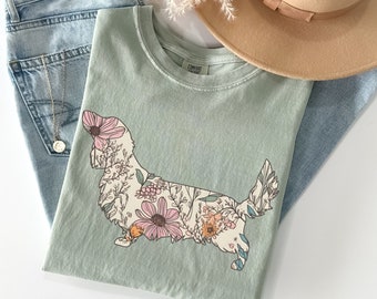 Comfort Colors® Long Haired Dachshund Shirt, Cottagecore Dachshund Tshirt, Wildflower Wiener Dog Mama Gift, Floral Dachshund Mom Gifts