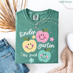 Personalized Kindergarten Teacher Shirt, Custom Teacher Name Shirt, Cute Apple Teacher Tee, Back to School Teacher Outfit Light Green
