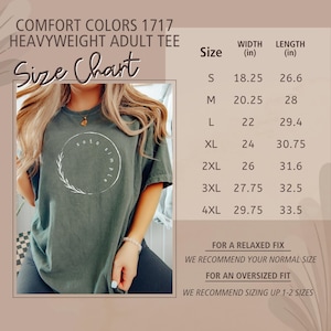 May include: A sage green Comfort Colors 1717 heavyweight adult tee with a white circular design and the text "soto simple." The size chart shows measurements in inches for sizes S through 4XL. The shirt is shown on a person.