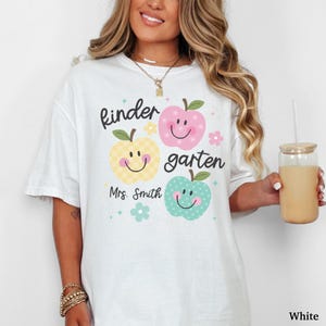 Personalized Kindergarten Teacher Shirt, Custom Teacher Name Shirt, Cute Apple Teacher Tee, Back to School Teacher Outfit White