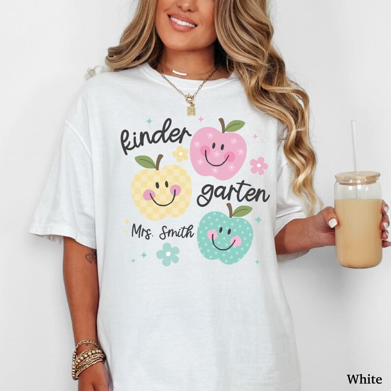 Personalized Kindergarten Teacher Shirt, Custom Teacher Name Shirt, Cute Apple Teacher Tee, Back to School Teacher Outfit White