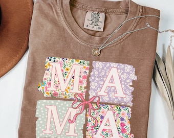 Comfort Colors® Mama Shirt, Coquette Bow Mama T-Shirt, Floral Mom Tshirt, Spring Mama Shirt, Springtime Mom Tee, Mothers Day Gift, New Mom