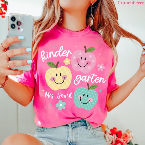 Personalized Kindergarten Teacher Shirt, Custom Teacher Name Shirt, Cute Apple Teacher Tee, Back to School Teacher Outfit
