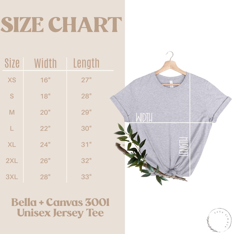 May include: Size chart for a Bella + Canvas 3001 Unisex Jersey Tee. The chart shows the width and length measurements in inches for sizes XS to 3XL.