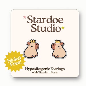 Capybara Earrings • Capybara Crown Studs • Jewelry for Kids • Water Pig Jewelry • Cute Princess Capybara Animal Studs for Girls