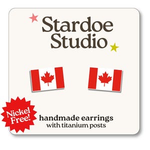 Canadian Flag Earrings • Canada Day Handmade Studs • Titanium Nickel-Free Jewelry • Made in Canada • Elbows Up • Maple Leaf Studs