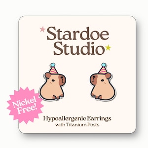Capybara Earrings • Birthday Capybara Hat • Water Pig Jewelry • Fun Earrings for Kids • Cute Capybara Animal Studs • Kawaii Stud Earrings