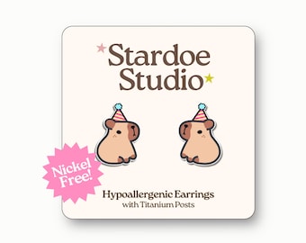 Capybara Earrings • Birthday Capybara Hat • Water Pig Jewelry • Fun Earrings for Kids • Cute Capybara Animal Studs • Kawaii Stud Earrings