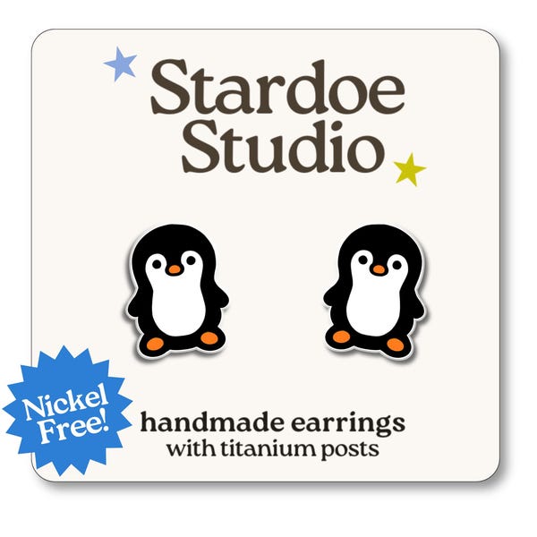 Penguin Earrings • Cute Animal Jewelry for Kids • Penguin Studs • Titanium Posts Hypoallergenic Nickel-Free Earrings • Quirky Earrings