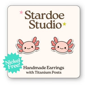Axolotl Earrings • Amphibian Animal Stud Earrings • Kawaii Pet Jewelry • Hypoallergenic Earrings • Cute Gift for Kids • Pink Axolotl Studs