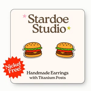 Burger Earrings • Cheeseburger Studs • Fast Food Jewelry • Fun Earrings for Kids • Cute Food Stud Earrings • Hypoallergenic Studs