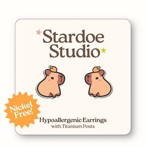 Capybara with Orange Earrings • Water Pig Jewelry • Cute Capybara • Happy Capy Vibes • Mammal Earrings with Fruit • Animal Studs