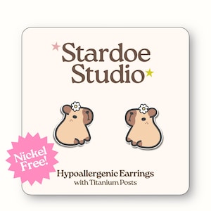 Capybara with Flower Earrings • Water Pig Jewelry • Cute Capybara • Happy Capy Vibes • Mammal Earrings with Fruit • Animal Studs for Kids