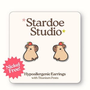 Capybara with Apple Earrings • Water Pig Jewelry • Capybara Earrings • Happy Capy • Capybara Gift • Animal Studs for Girls and Boys
