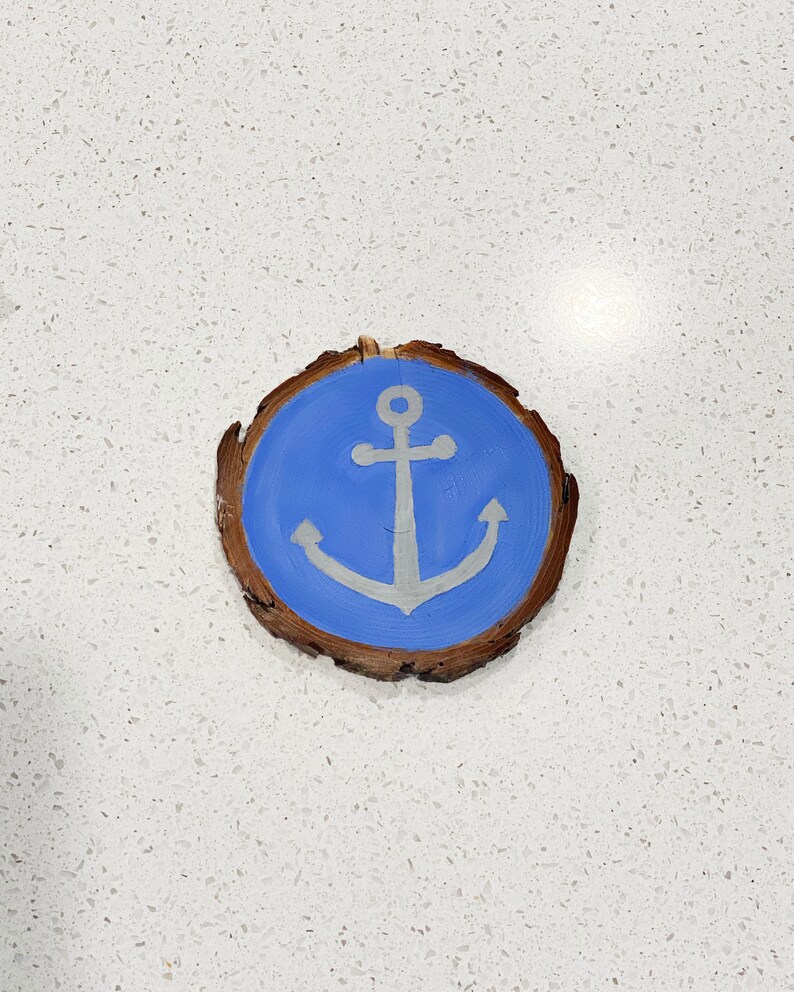 Nautical Decor Wood Slice Painting Painted Wood Slice Coaster Blue Anchor Wood Slice Coaster
