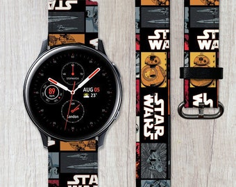 May include: A black smartwatch with a Star Wars themed watch band. The watch face displays the time, date, and weather. The watch band is made of a black and orange fabric with a repeating pattern of Star Wars characters and ships.