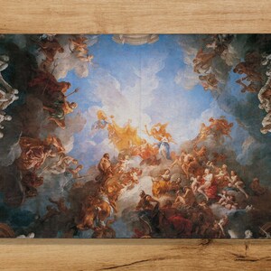 May include: A colorful painting depicting a scene from Greek mythology. The painting features a group of figures in the clouds, with a bright light shining down from above. The figures are surrounded by clouds and a blue sky.