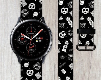 May include: Black and white watch band with a repeating pattern of pretzels, cats, a man in a suit, and the text "Fire Guy" and "Nard Dog".