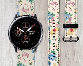 Winnie the Pooh Galaxy Watch Band, Vegan Leather Floral Strap