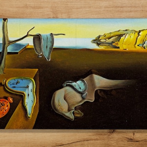 May include: A surrealist painting of melting clocks in a desert landscape. The painting features a tree with a branch that has a clock hanging from it. There is a pocket watch on the ground and a clock melting into the sand. The painting is in a style reminiscent of Salvador Dali.