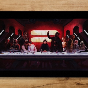 May include: A digital illustration of a Star Wars themed Last Supper painting. The characters are seated at a long table with a red background. The characters include Darth Vader, Luke Skywalker, Yoda, Chewbacca, Princess Leia, Han Solo, and others.