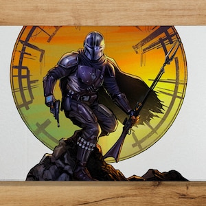 May include: A digital illustration of a Mandalorian character from the Star Wars universe. The character is wearing a helmet and armor, and is holding a weapon. The background is a sunset with a circular design.