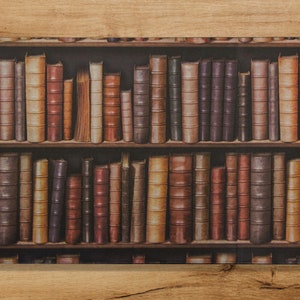 May include: A bookshelf filled with rows of antique books with leather bindings in shades of brown, red, and gold.