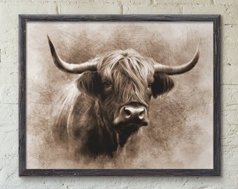 Highland Cow Wall Art Print, Rustic Barnyard Home Decor, Farmstyle Wall Art, Highland Cow Portrait, Large Canvas Wall Art