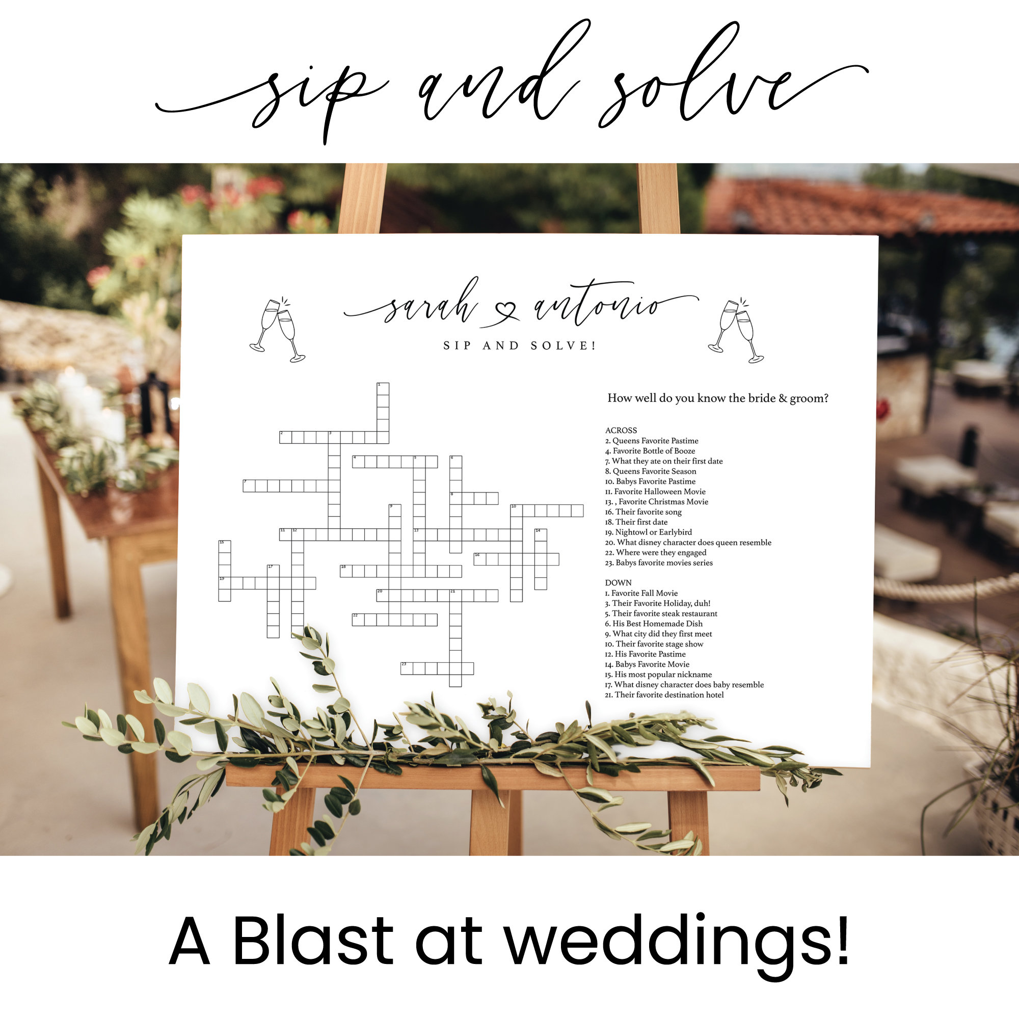 Sip and Solve Wedding Sign Printed Custom Extra Large Wedding Crossword Puzzle Boho Wedding Game Crosswords Wedding