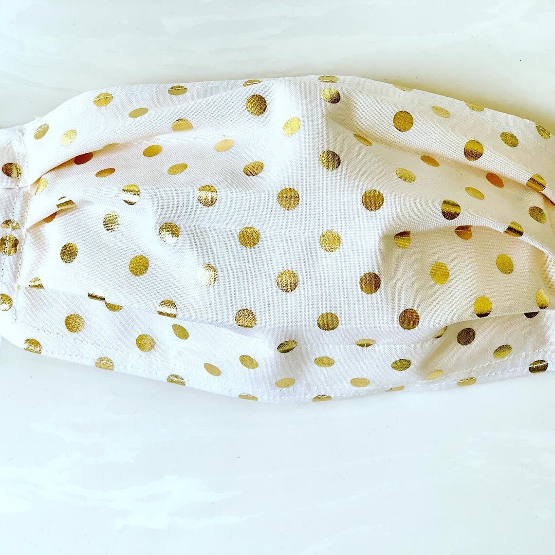 Gold and white polka dots pleated washable face mask made in Etsy.de