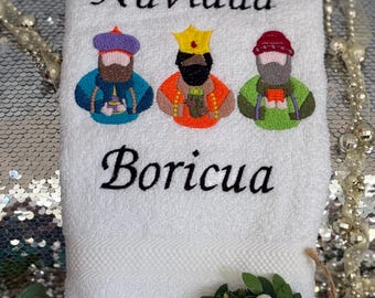 Navidad Boricua embroidered hand towel, three kings embroidered, reyes magos , Christmas embroidered hand towel, made in USA