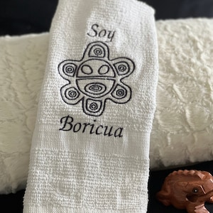 Soy Boricua Embroidered Hand Towel: Taino Sun, Puerto Rico Cotton