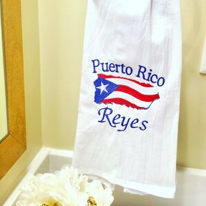 Puerto Rico flag flour sack with option to add last name hand towel