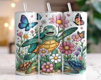 20 oz skinny tumbler, turtle tumbler, turtles lovers tumbler, sublimated tumbler with turtle graphic